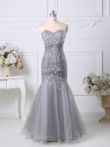 Grey Zipper Sweetheart Beading and Ruching Evening Dresses Tulle Sleeveless