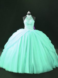 Superior Halter Top Sleeveless Lace Up 15 Quinceanera Dress Apple Green Tulle