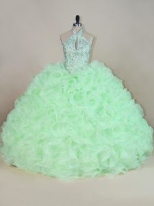 Sweet Yellow Green Ball Gowns Beading and Ruffles Quinceanera Dresses Lace Up Fabric With Rolling Flowers Sleeveless