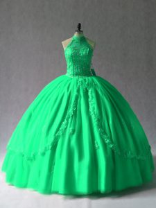 Floor Length Green Quinceanera Dress Halter Top Sleeveless Lace Up
