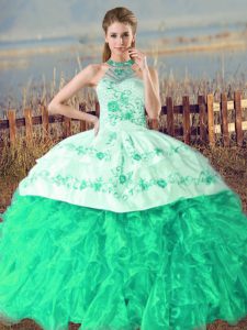 Fashionable Sleeveless Organza Court Train Lace Up Quinceanera Gowns in Turquoise with Embroidery and Ruffles