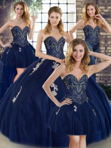 Ball Gowns Quince Ball Gowns Navy Blue Sweetheart Tulle Sleeveless Floor Length Lace Up