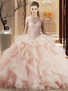 Noble Pink Lace Up Ball Gown Prom Dress Beading and Ruffles Sleeveless Brush Train