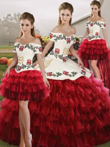 Wine Red Ball Gown Prom Dress Military Ball and Sweet 16 and Quinceanera with Embroidery and Ruffled Layers Off The Shoulder Sleeveless Lace Up