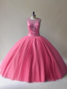 Ball Gowns Vestidos de Quinceanera Rose Pink Scoop Tulle Sleeveless Floor Length Lace Up