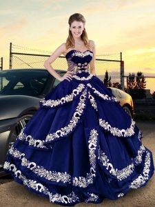 Best Selling Royal Blue Ball Gowns Embroidery and Ruffled Layers Quince Ball Gowns Lace Up Satin Sleeveless Floor Length