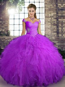 Purple 15th Birthday Dress Military Ball and Sweet 16 and Quinceanera with Beading and Ruffles Off The Shoulder Sleeveless Lace Up