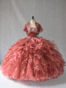 Free and Easy Red Sleeveless Beading and Ruffles Floor Length Quinceanera Gown