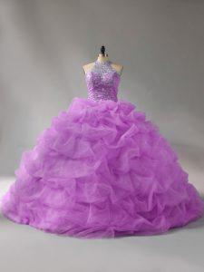 Comfortable Lilac Organza Lace Up Halter Top Sleeveless Ball Gown Prom Dress Court Train Beading and Pick Ups