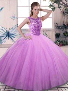 Beautiful Sleeveless Floor Length Beading Lace Up Sweet 16 Dresses with Lilac