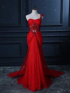 One Shoulder Sleeveless Chiffon Prom Party Dress Beading and Lace and Appliques Watteau Train Zipper