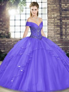 Fancy Lavender Tulle Lace Up Off The Shoulder Sleeveless Floor Length Sweet 16 Dresses Beading and Ruffles