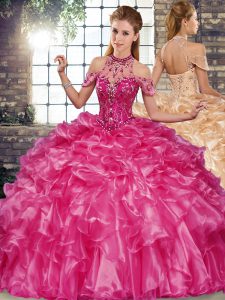 Halter Top Sleeveless Lace Up Quinceanera Gown Fuchsia Organza