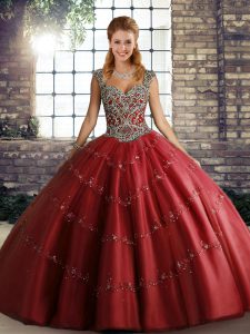 Wine Red Sleeveless Tulle Lace Up Quince Ball Gowns for Military Ball and Sweet 16 and Quinceanera