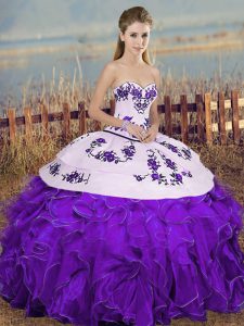 White And Purple Organza Lace Up 15th Birthday Dress Sleeveless Floor Length Embroidery and Ruffles and Bowknot