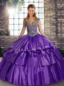 Ideal Purple Ball Gowns Straps Sleeveless Taffeta Floor Length Lace Up Beading and Ruffled Layers Ball Gown Prom Dress