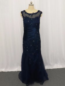 Scoop Sleeveless Prom Party Dress Floor Length Lace and Appliques Navy Blue Tulle