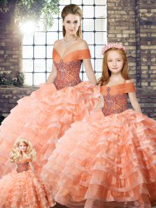 Free and Easy Peach Lace Up Sweet 16 Dresses Beading and Ruffled Layers Sleeveless Brush Train