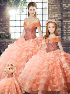 Free and Easy Peach Lace Up Sweet 16 Dresses Beading and Ruffled Layers Sleeveless Brush Train