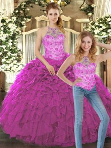 Glorious Fuchsia Sleeveless Floor Length Beading and Ruffles Lace Up Sweet 16 Dresses