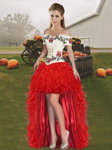 Red Lace Up Off The Shoulder Embroidery and Ruffles Evening Wear Organza Sleeveless