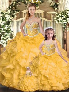 Custom Made Gold Ball Gowns Organza Sweetheart Sleeveless Beading and Ruffles Floor Length Lace Up Quinceanera Gowns