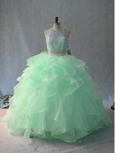 Sleeveless Floor Length Beading and Ruffles Backless Quinceanera Dresses with Apple Green and Pink And White