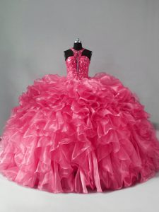 Hot Pink Halter Top Neckline Beading and Ruffles Ball Gown Prom Dress Sleeveless Zipper
