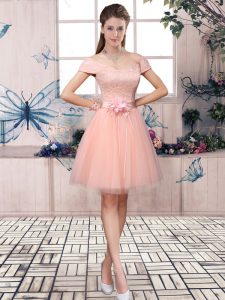 Hot Selling Off The Shoulder Short Sleeves Evening Dress Mini Length Lace and Hand Made Flower Pink Tulle