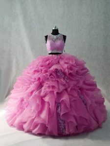 Dynamic Brush Train Two Pieces 15th Birthday Dress Pink Scoop Organza