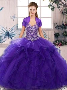 Smart Purple Ball Gowns Off The Shoulder Sleeveless Tulle Floor Length Lace Up Beading and Ruffles Vestidos de Quinceanera
