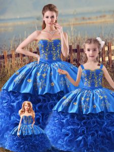 Best Royal Blue Satin and Fabric With Rolling Flowers Zipper Straps Sleeveless Ball Gown Prom Dress Brush Train Embroidery and Ruffles