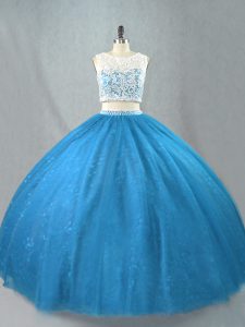 Custom Design Floor Length Zipper Quinceanera Gowns Blue for Sweet 16 and Quinceanera with Beading