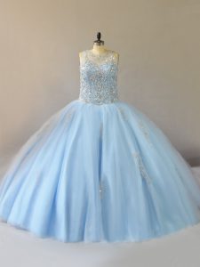 Scoop Sleeveless Lace Up Quinceanera Gowns Light Blue Tulle