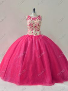 High Quality Floor Length Hot Pink Sweet 16 Dresses Scoop Sleeveless Lace Up