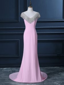 Ideal Pink Cap Sleeves Beading Side Zipper Prom Dress