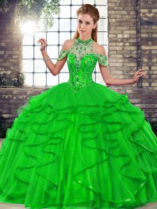 Smart Green Sleeveless Tulle Lace Up Sweet 16 Dresses for Military Ball and Sweet 16 and Quinceanera