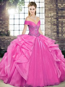 Comfortable Beading and Ruffles Quince Ball Gowns Rose Pink Lace Up Sleeveless Floor Length