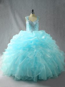 Attractive Aqua Blue Ball Gowns Straps Sleeveless Tulle Zipper Beading and Ruffles Quinceanera Dress
