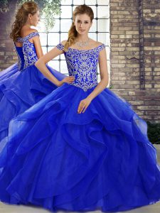Suitable Royal Blue Sweet 16 Quinceanera Dress Military Ball and Sweet 16 and Quinceanera with Beading and Ruffles Off The Shoulder Sleeveless Brush Train Lace Up