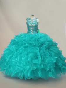 Affordable Floor Length Aqua Blue Quinceanera Gown Scoop Sleeveless Lace Up