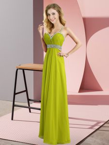 Trendy Floor Length Criss Cross Evening Dress Olive Green for Prom and Party with Beading