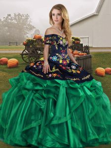 Superior Green Ball Gowns Embroidery and Ruffles Vestidos de Quinceanera Lace Up Organza Sleeveless Floor Length