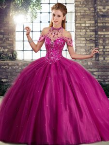 Fuchsia Ball Gowns Halter Top Sleeveless Tulle Brush Train Lace Up Beading Sweet 16 Dresses
