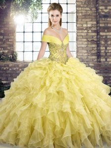 Customized Organza Off The Shoulder Sleeveless Brush Train Lace Up Beading and Ruffles Quince Ball Gowns in Yellow