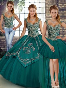 Glorious Three Pieces Quinceanera Gowns Teal Straps Tulle Sleeveless Floor Length Lace Up