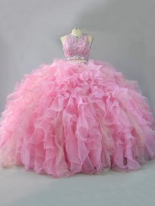 Organza Scoop Sleeveless Lace Up Beading and Ruffles Sweet 16 Quinceanera Dress in Pink