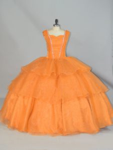 High End Straps Sleeveless Organza Sweet 16 Dress Beading and Ruffled Layers and Ruching Lace Up