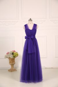 Flare Purple Empire Tulle Straps Sleeveless Ruching Floor Length Zipper Quinceanera Court of Honor Dress