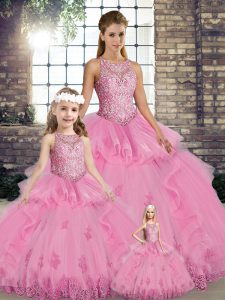 Graceful Rose Pink Tulle Lace Up Scoop Sleeveless Floor Length Sweet 16 Dresses Lace and Embroidery and Ruffles